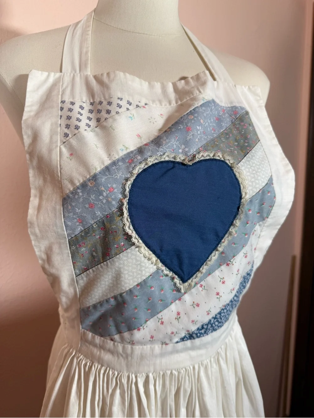 Handmade cottagecore Quilted Blue white ruffled Heart apron